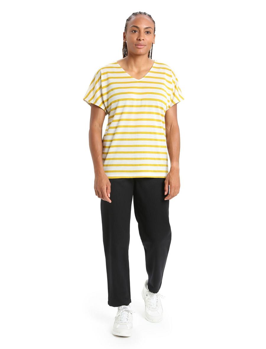 Women's Icebreaker Merino Drayden Reversible Short Sleeve Top Stripe T Shirts Ecru Heather / Silent Gold | CA 1340WNBY